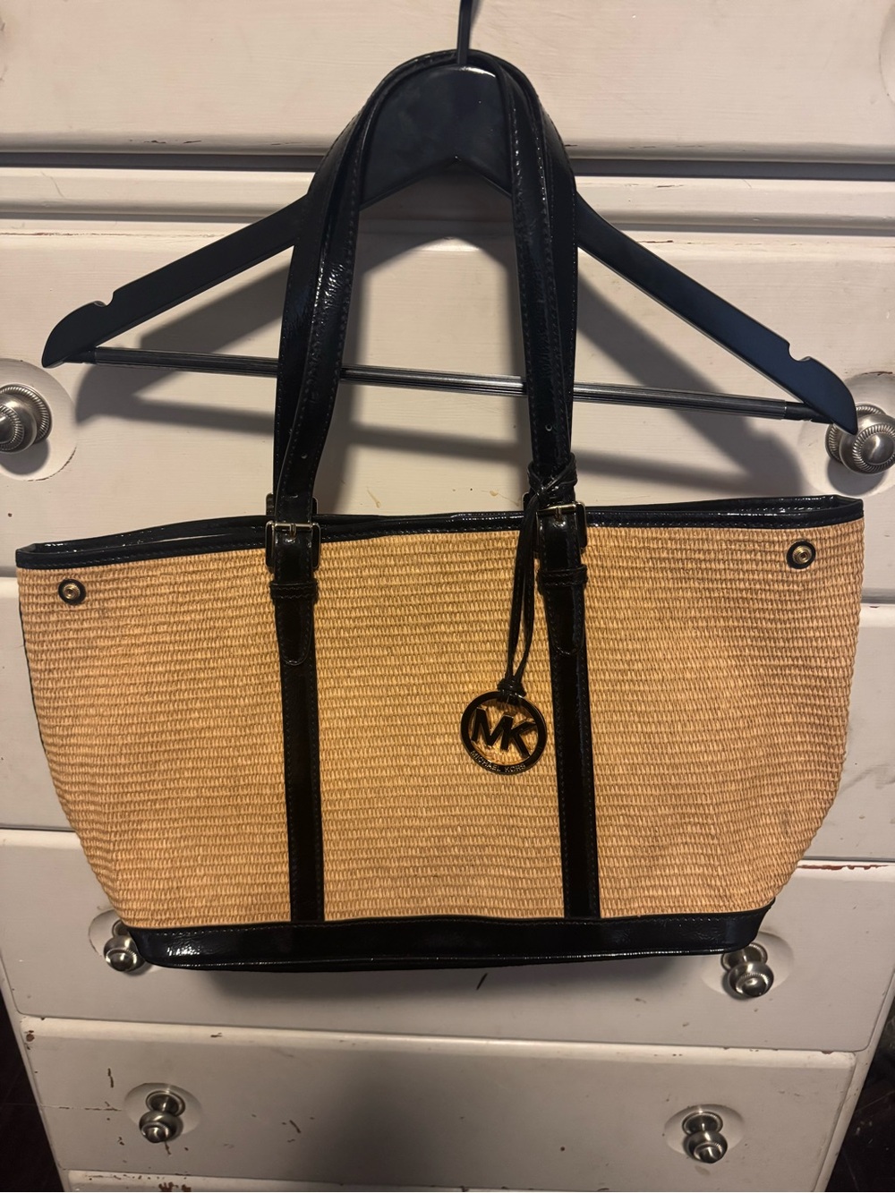 Michael Kors Large Straw Tote Bag Black Patent Trim Gold MK Charm